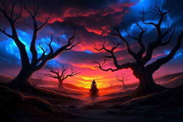 A gothic traveler taking a hike through a shadowy, mist-covered forest, with dark, twisted trees and eerie shadows lurking in the distance