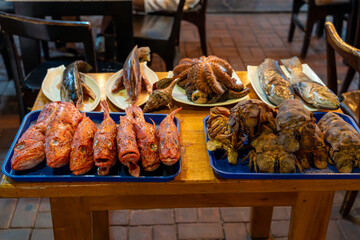 Fresh locally-caught seafood on display outside of restaurant in Puerto Ayora. Includes brujo (scorpion fish), octopus, and slipper lobster
