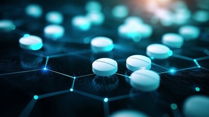 Fototapeta premium Close-up view of white pills on a dark, futuristic background, symbolizing health and pharmaceutical innovation.