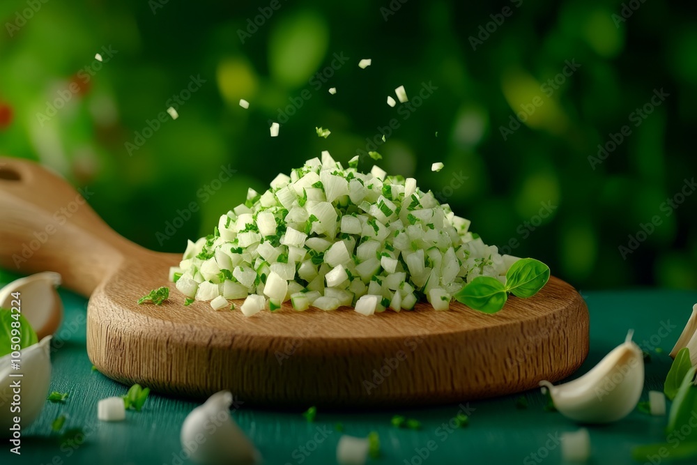 Poster a minimalist depiction of finely chopped garlic on a board, with soft curves and clean lines symboli