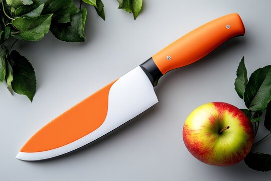 A minimalist design of a knife slicing through an apple, represented with gentle curves and a focus on the clean, simple act of slicing