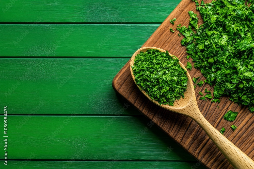 Poster a minimalist design of finely chopped herbs on a cutting board, represented with soft, abstract shap