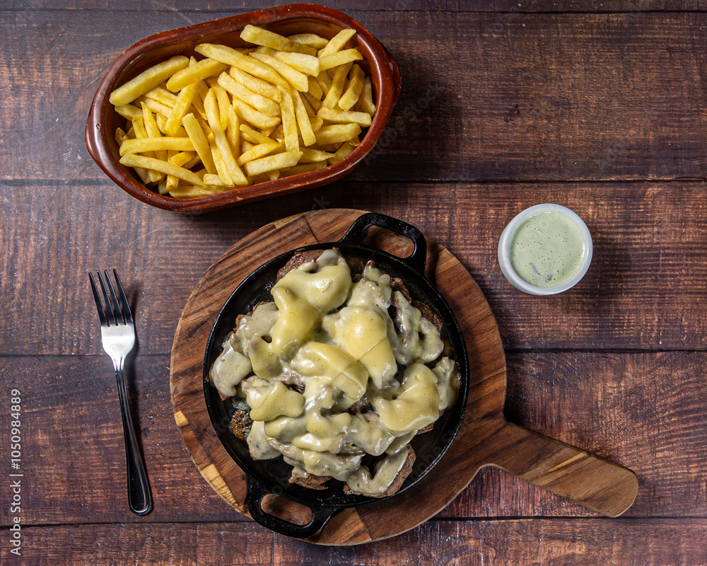 Wall mural grilled meat with cheese topping and fries