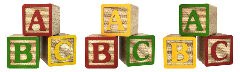 3D render A B C alphabet in colored wooden blocks with letters for literacy and didactic illustration for schools, children, advertisements and others. Excellent quality.	