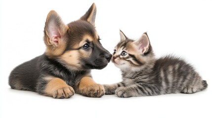 Obraz premium Adorable Puppy and Kitten Facing Each Other