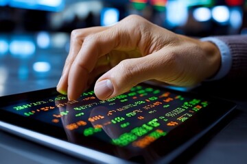 Fototapeta premium A person reviewing their portfolio on a tablet, with financial charts, stock performance graphs, and market trends displayed clearly