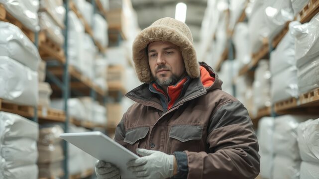 Worker inspecting inventory in a cold storage warehouse, focused on tablet.