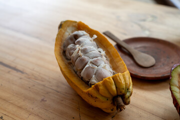 Yellow cacao pod cut open to reveal fruit and beans. On a wooden table with rustic plate and spoon