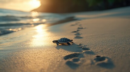 Little Sea Turtle Cub  Crawls along the Sandy shore in the direction of the ocean to Survive  Hatched  New Life  Saves  Way to life 