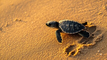 Obraz premium Little Sea Turtle Cub Crawls along the Sandy shore in the direction of the ocean to Survive Hatched New Life Saves Way to life 