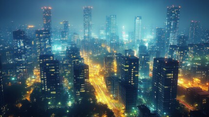 Fototapeta premium A vibrant city skyline illuminated at night with foggy atmosphere.