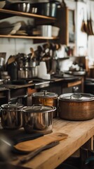 Copper and Stainless Steel Pots on Wooden Countertop