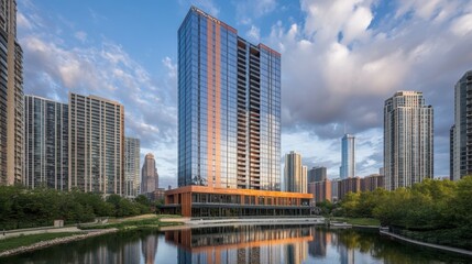 Fototapeta premium Modern High-Rise Building by Reflective Water Surface