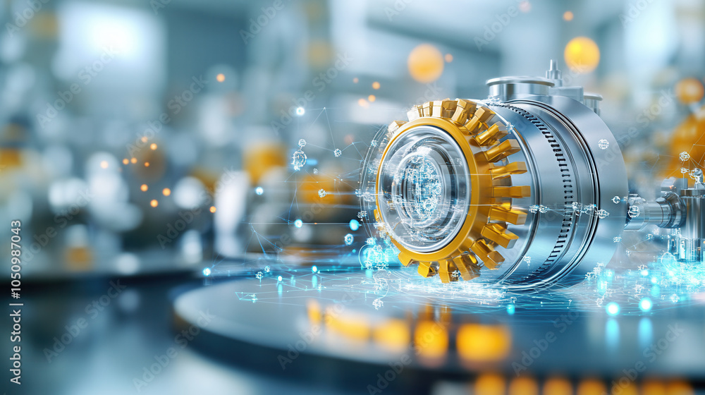 Poster high tech mechanical gear with glowing elements, representing advanced engineering and technology in