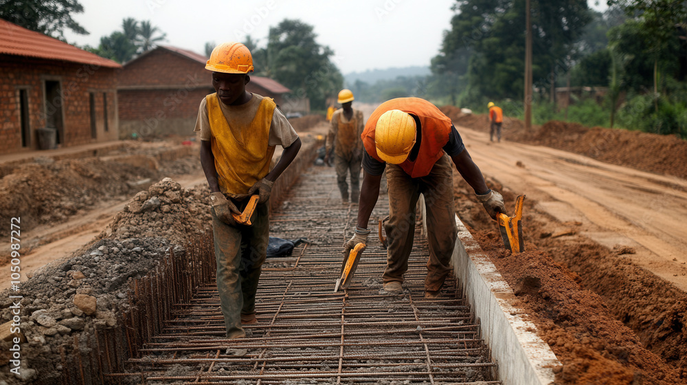 Poster construction site bustling with activity as workers lay rebar and prepare for concrete. scene captur