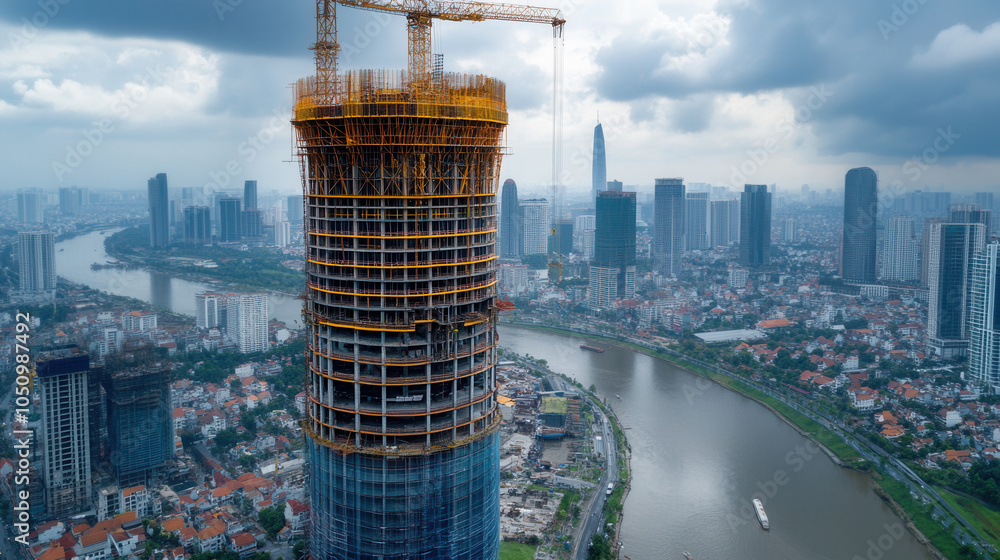 Poster aerial view of construction site with tall building under construction, surrounded by cityscape and 