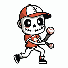 cute skeleton playing baseball on white background