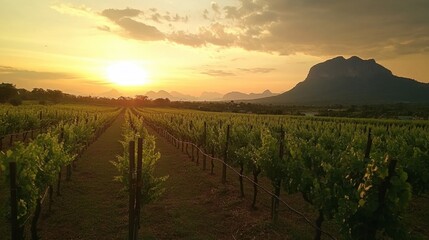 Serene Sunset over Lush Vineyard Landscape
