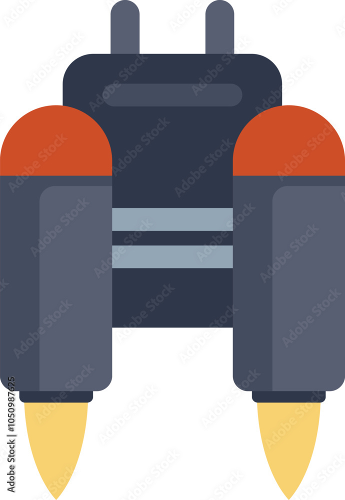 Poster jetpack generating strong flame streams for flight, isolated on white background