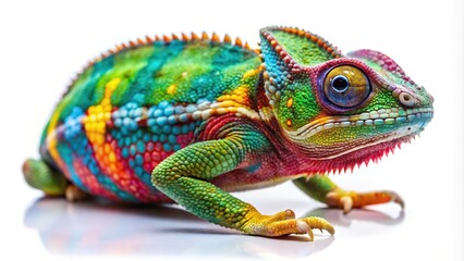 Fototapeta premium Vibrant chameleon on white surface from high angle