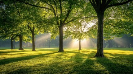 Fototapeta premium Serene Sunlight Filtering Through Lush Green Trees