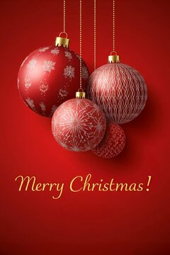 Vier festliche, rot-wei&szlig;e Weihnachtskugeln mit verschiedenen Mustern h&auml;ngen vor einem roten Hintergrund. Der Schriftzug &bdquo;Merry Christmas!&ldquo; rundet das Design ab. Generative KI.