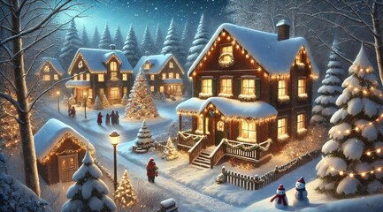 Fototapeta premium Festive Christmas Street with Lights and Snow 
