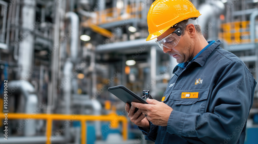 Poster engineer in hard hat using tablet to review safety protocols in industrial setting. focus is on safe