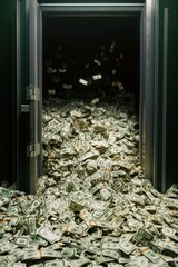 A vault overflowing with stacks of cash, symbolizing wealth and abundance.