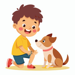 cute child playing with dog on white background