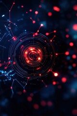Obraz premium Abstract circular design with glowing red and blue particles on a dark background.