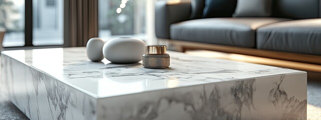  a space for displaying products on a neutral marble coffee table in a contemporary spacious living room.