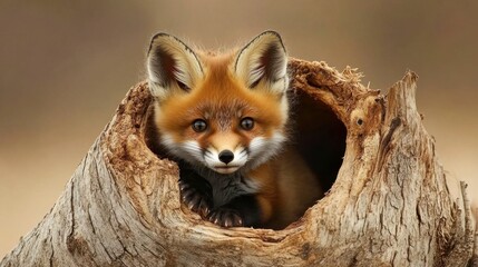 Obraz premium Playful Fox Peeking from a Hollow Log