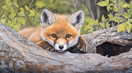 Obraz premium Cute Red Fox Resting on Tree Bark in Nature