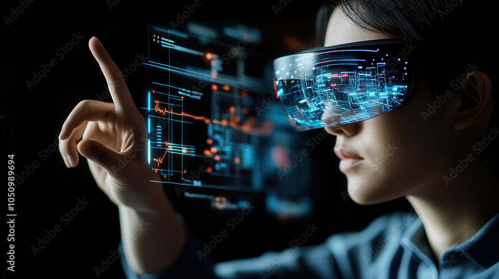 Poster innovative engineer using augmented reality glasses to visualize data and interact with digital inte