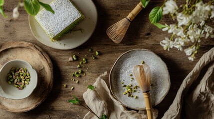 Green dessert with garnish and kitchen utensils display