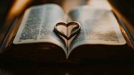 Obraz premium Bible with a wedding ring creating a heart-shaped shadow.