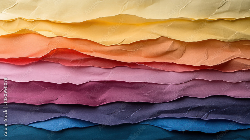 Poster crumpled layered paper in various colors creates visually appealing depth effect, showcasing blend o