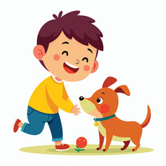 cute child playing with dog on white background