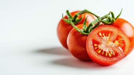 A closeup side shot of two tomatoes one sliced 