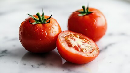 A closeup side shot of two tomatoes one sliced 