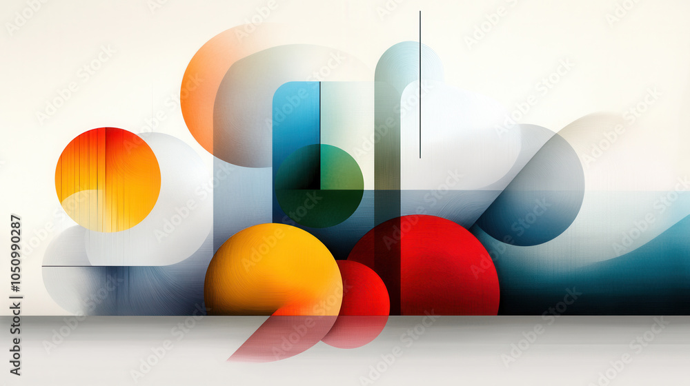 Poster geometric shapes in vibrant colors create harmonious composition, blending circles and curves with m