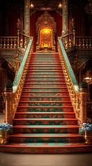 Fototapeta premium Elegant staircase leading up to grand ornate golden throne room interior picture