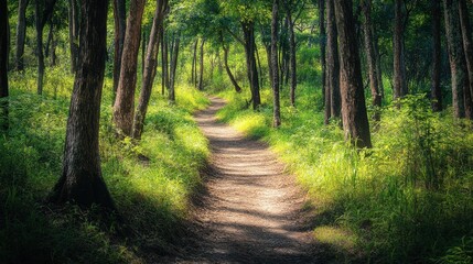 Naklejka premium Serene Forest Pathway Through Lush Greenery