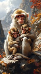 Obraz premium Family of monkey posing on rocky mountain landscape with snowy peaks picture