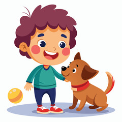cute child playing with dog on white background