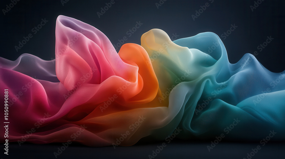 Poster vibrant four color swirl forming dynamic backdrop with flowing fabric textures. soft, translucent la