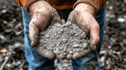 a pile of ash for use in the vegetable garden  man holds a handful of wood ash in both hands