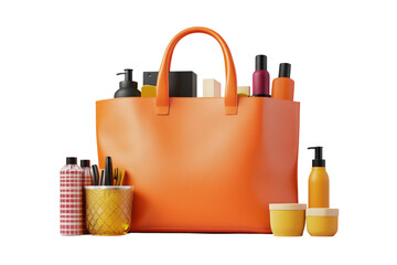 A vibrant orange tote bag filled with various personal care products, showcasing a stylish way to organize essentials.