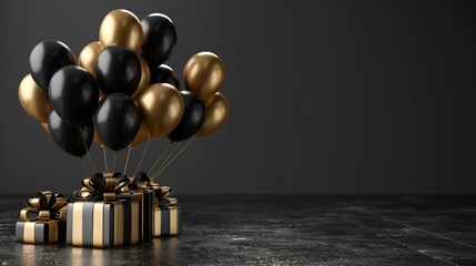 Naklejka premium A black and gold balloon bouquet is on top of a black box